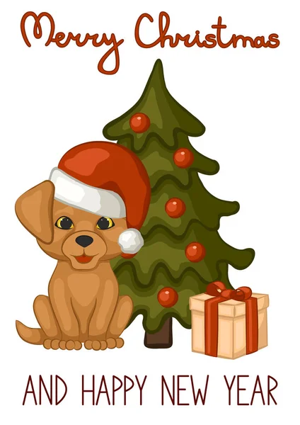 Mignon Chiot Dans Une Casquette Rouge Père Noël Chien Coffret — Image vectorielle