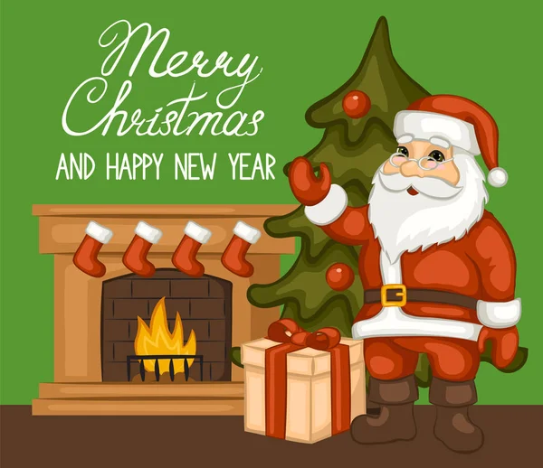 Père Noël Sapin Noël Boîte Cadeau Côté Cheminée Joyeux Noël — Image vectorielle