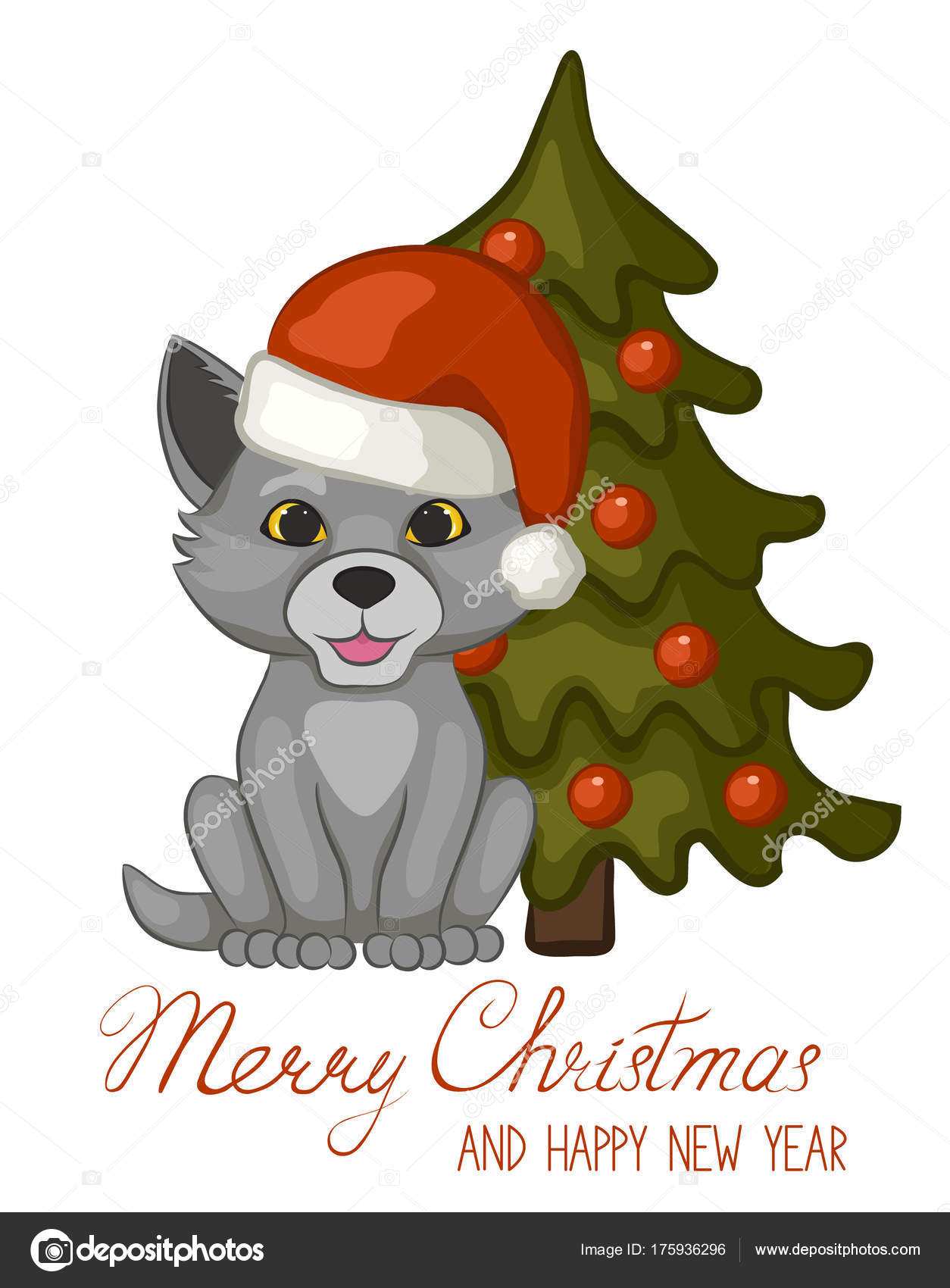 Cute Wolf Cub Red Santa Claus Hat Christmas Tree White Stock Vector Image  by ©Ksenica #175936296