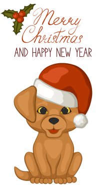 Santa Claus şapka köpek. Mutlu Noeller ve mutlu yeni yıl tebrik kartı. Karikatür tarzı. Vektör çizim.