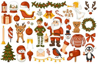 Noel karakterler ve süslemeleri beyaz bir arka plan üzerinde kümesi. Noel Baba, elf, Ren geyiği, çan, ağaç, topları, mumlar ve diğer sembollerin Noel. Vektör çizim.