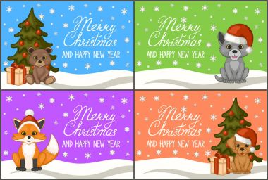 Mutlu Noeller ve mutlu yeni yıl. Tebrik kartları, posterler kümesi. Sevimli hayvanlar içinde belgili tanımlık kar. Kurt, ayı, köpek, tilki. Karikatür tarzı. Vektör çizim.