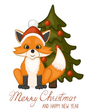 Şirin Fox şapkalı kırmızı Santa Claus, Noel ağacı. Beyaz bir arka plan üzerinde izole. Mutlu Noeller ve mutlu yeni yıl tebrik kartı. Vektör çizim.