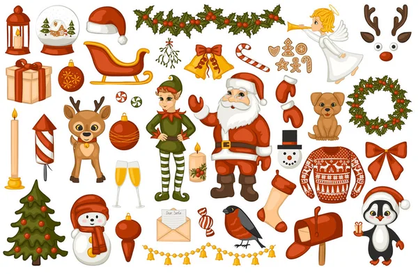 Noel karakterler ve süslemeleri beyaz bir arka plan üzerinde kümesi. Noel Baba, elf, Ren geyiği, çan, ağaç, topları, mumlar ve diğer sembollerin Noel. Vektör çizim.