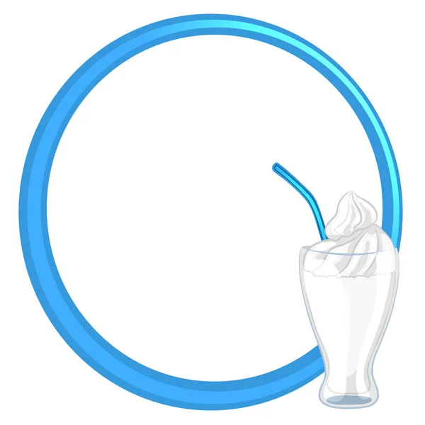 Marco azul sobre fondo blanco, cóctel de leche decorado en un vaso con paja . — Vector de stock