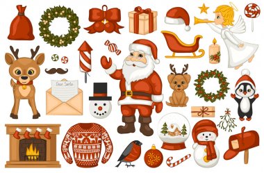 Noel süsleri. Öğeleri kümesi. Beyaz arka plan üzerinde izole nesneleri. Vektör çizim.