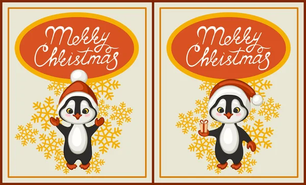 Feliz Natal Cartão Conjunto Saudação Pinguins Giros Chapéus Vermelhos Pai — Vetor de Stock