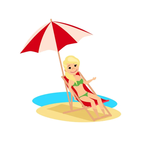 Menina tomando banho de sol em uma espreguiçadeira na praia . —  Vetores de Stock