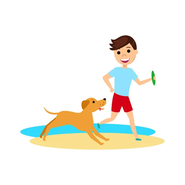 Jeune garçon court avec un chien sur la plage . — Image vectorielle