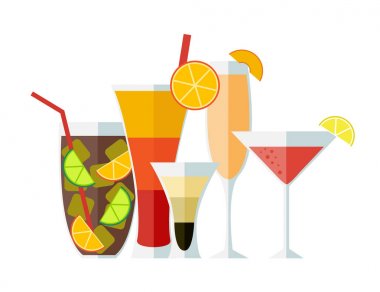 Kokteyller kümesi. Tekila sunrise, Bellini, long Island, B52, kozmopolit. Düz stil. Vektör çizim.