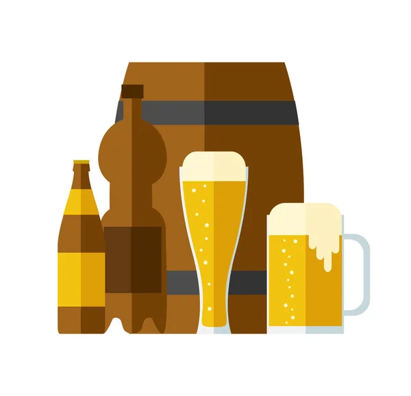 Пиво Бутылку Кружку Стакан Плоский Дизайн Векторная Иллюстрация — стоковый вектор