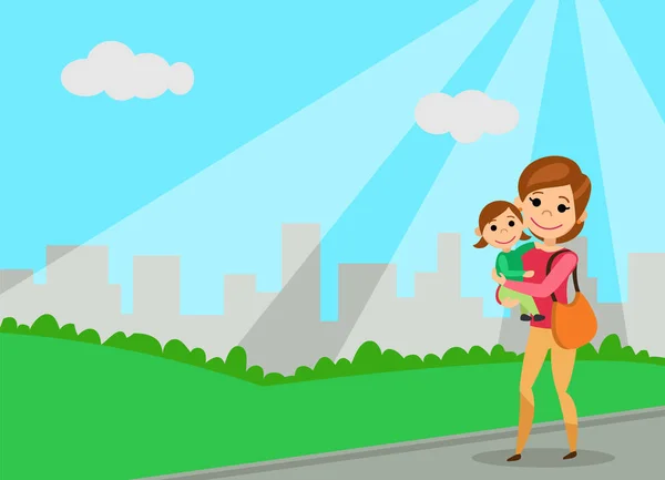 母亲带着小女儿的手 在城市公园散步 卡通风格 矢量插图 — 图库矢量图片