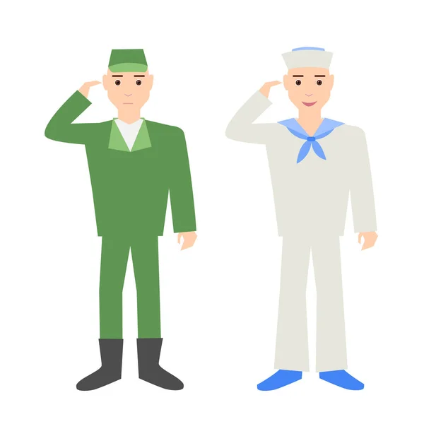 El soldado y el marinero. El soldado saluda. El marinero saluda. Diseño plano — Archivo Imágenes Vectoriales