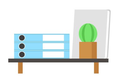 İçinde klasörler, kitap ve kaktüs olan duvar rafı..