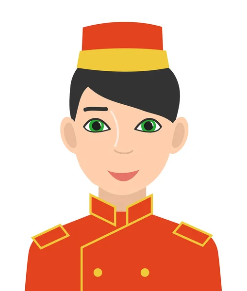 Hotelový Vrátný Červené Uniformě Avatar Muže Čepici Kabátci Izolované Bílém — Stockový vektor