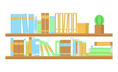 Kitaplar ve kaktüslerle dolu duvar rafları. Beyaz bir arka planda izole edilmiş. Düz dizayn. Vektör illüstrasyonu.
