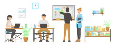 People in the office. Teamwork. Working process. Flat design. Vector illustration.