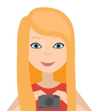 Elinde kamera olan tatlı bir kız. Sarışın fotoğraf çekiyor. Beyaz bir arka planda izole edilmiş. Vektör illüstrasyonu.