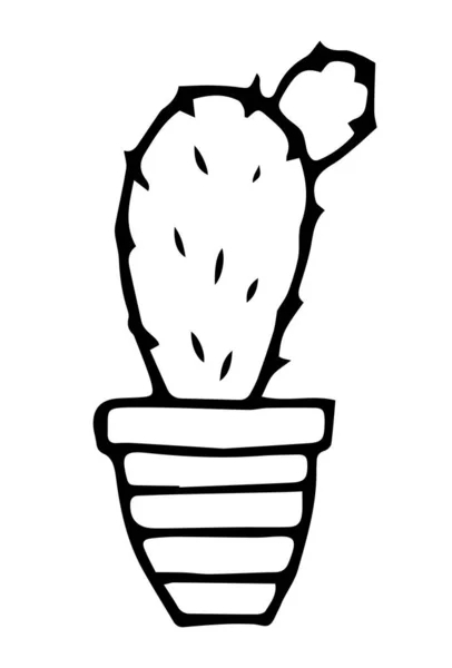 Kaktus Topf Schwarze Lineare Silhouette Isoliert Auf Weißem Hintergrund Handgezeichneter — Stockvektor