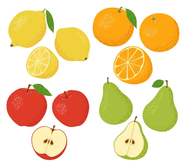 Set Frutti Isolati Fondo Bianco Arancio Limone Pera Verde Mela — Vettoriale Stock