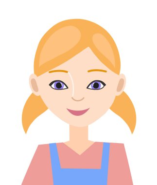 Portre, tulumlu sarışın bir kızın avatarı. Beyaz bir arka planda izole edilmiş. Düz dizayn. Vektör illüstrasyonu.