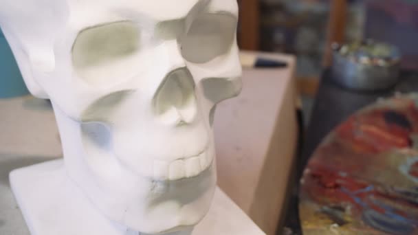 Drawing a human skull. The artist draws a sketch of a human skull, from life. Plaster skull and art. — Stock Video
