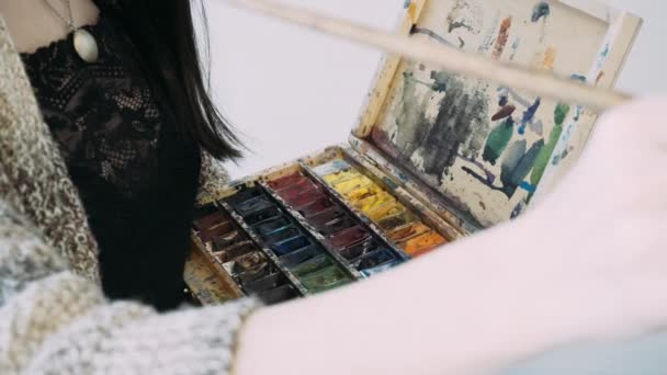 The girl draws a palette of watercolor paints. The process of creating a watercolor painting. Watercolor and creativity — Stock Video