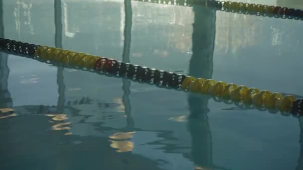 Een opleiding zwembad voor zwemmers. Moderne zwembad voor zwemmen en actief sporten. Blauw water in het zwembad bij dageraad — Stockvideo