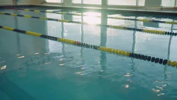 Una piscina de entrenamiento para nadadores. Piscina moderna para la natación y deportes activos. Agua azul en la piscina al amanecer — Vídeos de Stock