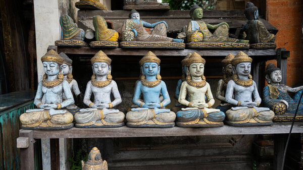 A variety of Balinese souvenirs and crafts for tourist sales. Rattan, teak and woodwork in Bali