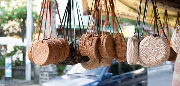 Sacos Turísticos Balineses Tradicionais Bolsas Vime Balinês Clássico — Fotografia de Stock