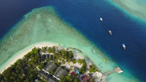 Tropik ada resort otel beyaz kum palmiye ağaçları ve turkuaz Hint Okyanusu üzerinde Maldivler, yukarıdan dron görüntüleri 4 k ile hava panorama görünümünü — Stok video