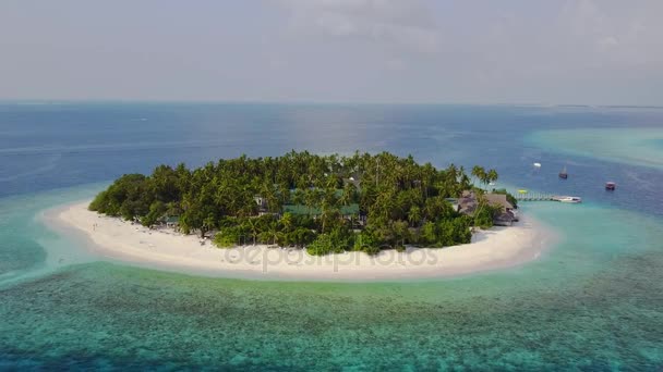De camera nadert ronde tropisch eiland resorthotel met witte zand palmbomen en turkooizen Indische Oceaan op Malediven, drone beelden luchtfoto van bovenaf in 4k — Stockvideo