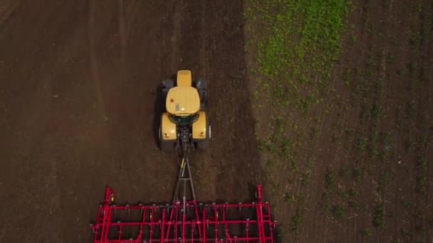 Aerial drone tracking shot of tractor seeding, sowing agricultural crops in a field. View from above — Stock Video