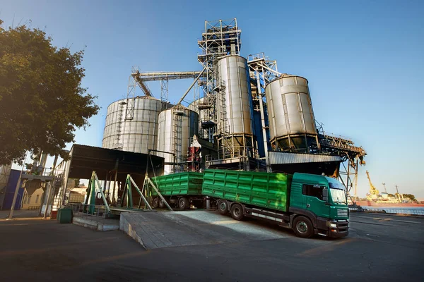 Boşaltma tahıl kamyonette yükselen hidrolik platform boşaltma asansöre. Tahıl büyük denizde aktarma Limanı, terminal bitkileri.