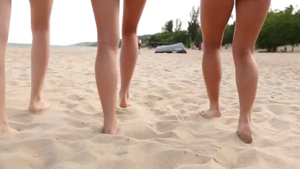 Visão traseira das mulheres pernas bronzeadas e pés andando na praia de areia para o oceano ao pôr do sol. As meninas bonitas finas vão pelo mar na areia dourada. Amigos de férias. ângulo de câmera baixa e lentidão . — Vídeo de Stock
