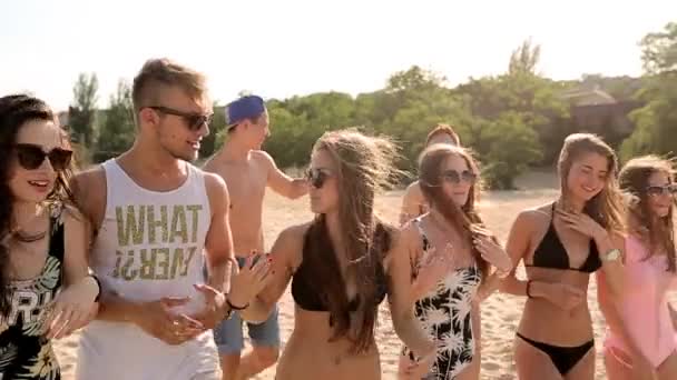 Group of friends walking on sunny beach. Young tanned cheerful caucasian people walking, chatting and laughing by sea on summer. Men and women wearing swimwear and bikini. Lifestyle slow motion video. — Stock Video