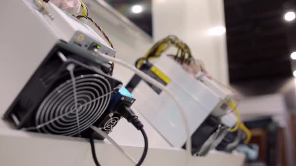 Cryptocurrency mijnbouw apparatuur - Asic - toepassing specifieke geïntegreerde schakeling op boerderij stand op expo of tentoonstelling — Stockvideo