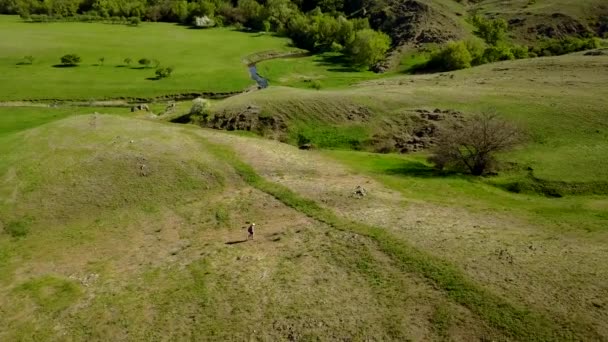 Video aereo dell'uomo che cammina nella pittoresca valle sull'erba verde verso un fiume. Drone tracking shot di escursionismo zaino in spalla in montagna e colline. L'escursionista va al fiume . — Video Stock