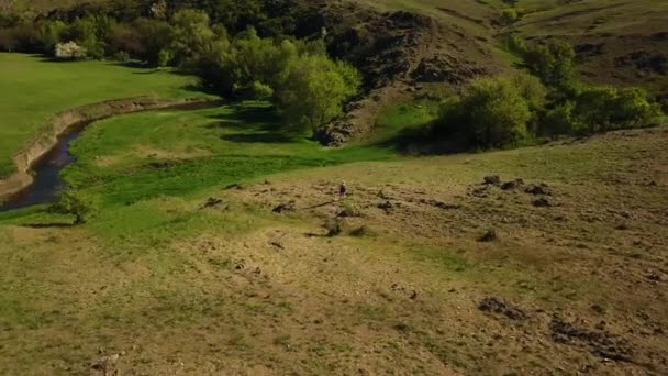 Vidéo aérienne de l'homme marchant dans une vallée pittoresque sur de l'herbe verte vers une rivière. Drone tracking shot of backpacker hiking in the mountains and hills. Randonneur va à la rivière .