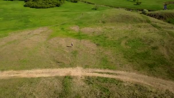 Video aereo dell'uomo che cammina nella pittoresca valle sull'erba verde verso un fiume. Drone tracking shot di escursionismo zaino in spalla in montagna e colline. L'escursionista va al fiume . — Video Stock