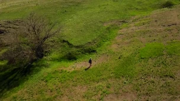 Letecké video z člověka procházky v malebném údolí na zelené trávě směrem k řece. DRONY záběrem batohem pěší turistiku v horách a kopcích. Tramp jde k řece. — Stock video