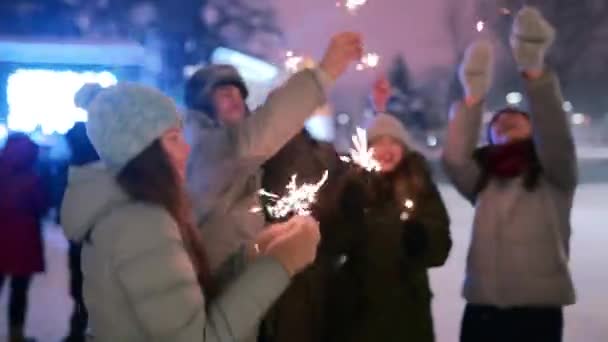 Friends have fun partying with sparklers and doing selfie photo on smartphone at Christmas market. People jump and dance at New Year fairground on winter night. Snowfall, bulb garlands on backdrop. — ストック動画