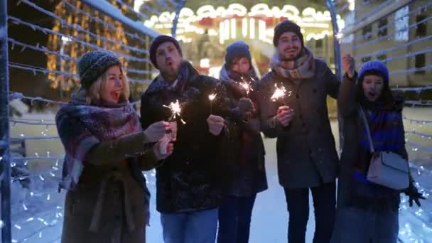 手に火花を散らし お祝いのイルミネーショントンネルで雪の冬の夜を楽しんでいる幸せな友人 人々はクリスマスマーケットにぶら下がっています ガーランドランプ背景にカルーセルライト — ストック動画