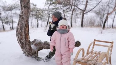 Pembe tulumlu çocuk ve küçük kız, karlı bir günde kızakla kaydıktan sonra iyi vakit geçiriyorlar. Erkek ve kız kardeş kış tatillerini birlikte geçirirler. Çocuk Noel çöreğiyle çay içiyor. Gülümseyen çocuklar kızak.