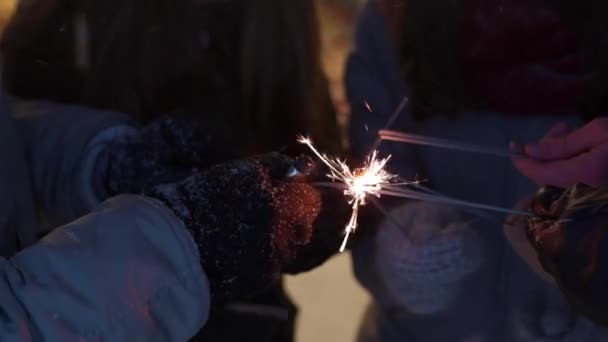 Group of friends set fire to sparklers in their hands. Christmas eve, New Year Holidays or Birthday party. Happy people ignite fireworks partying on winter night. Bulb garlands on background. — Stock Video