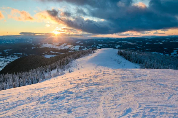 Paisaje nocturno de invierno en las montañas con bosque de abetos al atardecer. Colinas cubiertas de nieve después de fuertes nevadas. Snowy backcountry esquí pistas escenografía. Dramáticas nubes en el horizonte al amanecer . — Foto de Stock