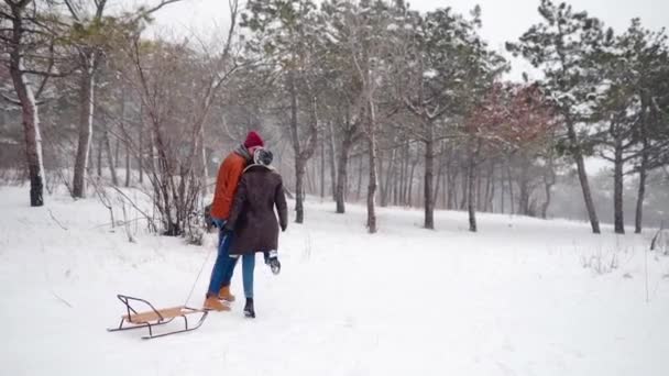 Прекрасная пара, тянет сани в снежный зимний день. Мужчина с девушкой катаются на санках под снегом. Женщина собирается кататься на санках с парнем. Люди наслаждаются рождественскими каникулами. Медленное движение . — стоковое видео