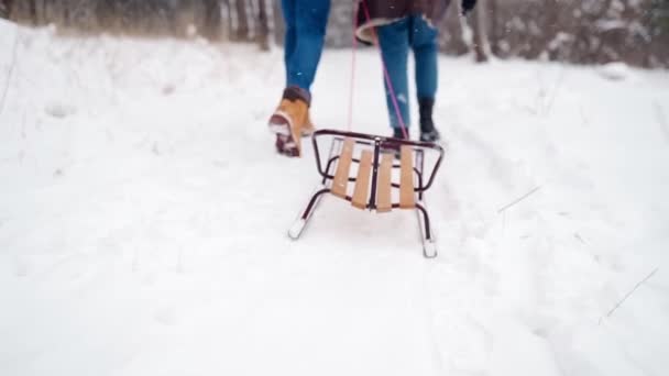 Vista trasera de los pies de la pareja encantadora caminando tirando del trineo en el día de invierno nevado. El hombre con novia va en trineo. Una mujer que va al trineo al aire libre con su novio. Gente de vacaciones de Navidad. Disparo de ángulo bajo . — Vídeo de stock