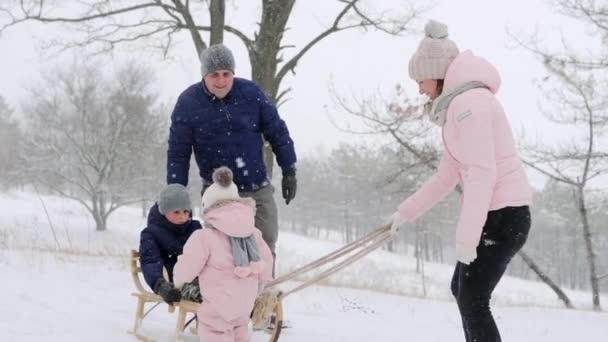 Happy family sledding on snowy winter day. Daughter helps father and mother to pull sled with son on snowfall. Boy sledge outdoors. People sleigh ride and enjoy Christmas vacation. Girl in jumpsiut. — Stock Video